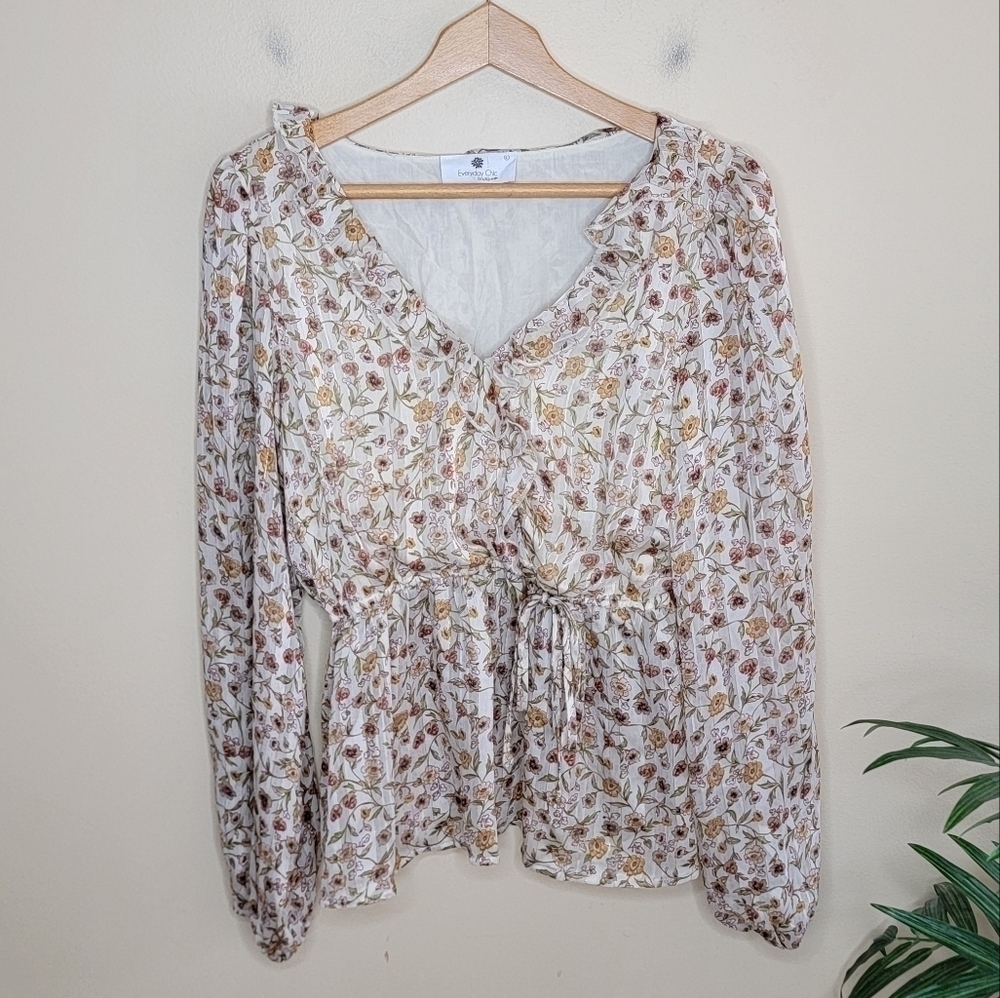 Everyday Chic Boutique Tan Boho Cottagecore Floral Long Sleeve Blouse Size Large
